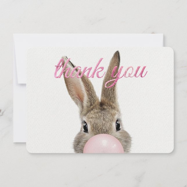Tarjeta De Agradecimiento Rabbit Blowing Pink Bubble gum Thank you (Anverso)