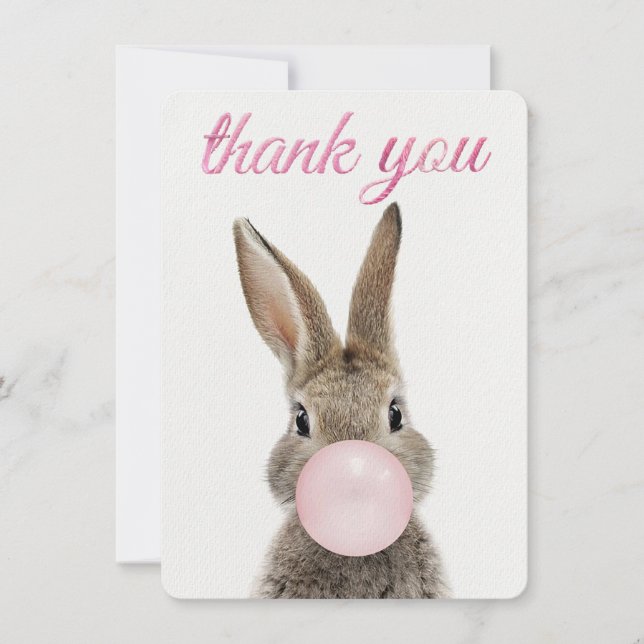 Tarjeta De Agradecimiento Rabbit Blowing Pink Bubble gum Thank you (Anverso)