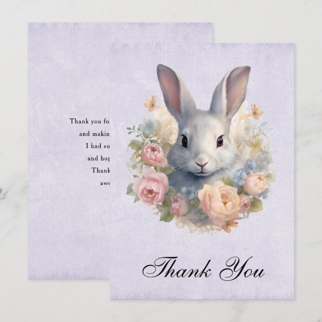Tarjeta De Agradecimiento Rabbit Surrounded by Pastel Flowers Cute (Anverso / Reverso)
