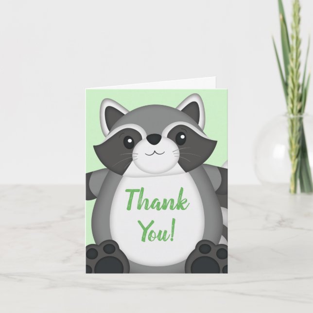 Tarjeta De Agradecimiento Raccoon Baby Shower Green (Anverso)