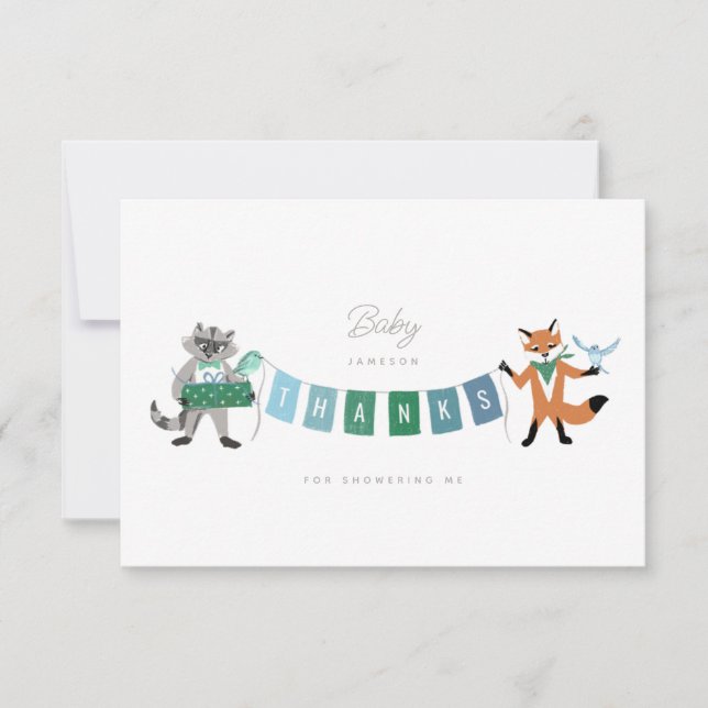 Tarjeta De Agradecimiento Raccoon Fox Forest Friends Blue Baby Shower (Anverso)