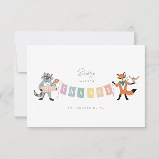 Tarjeta De Agradecimiento Raccoon Fox Forest Friends Pastel Baby Shower (Anverso)