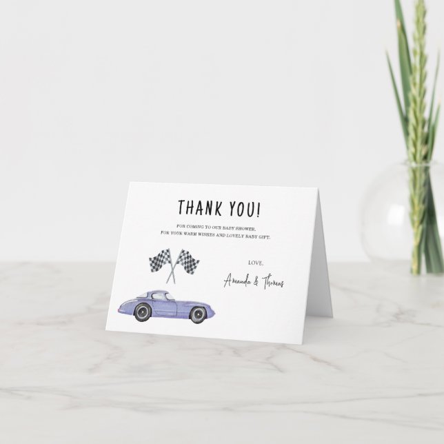 Tarjeta De Agradecimiento Race car car Baby Shower - gracias (Anverso)