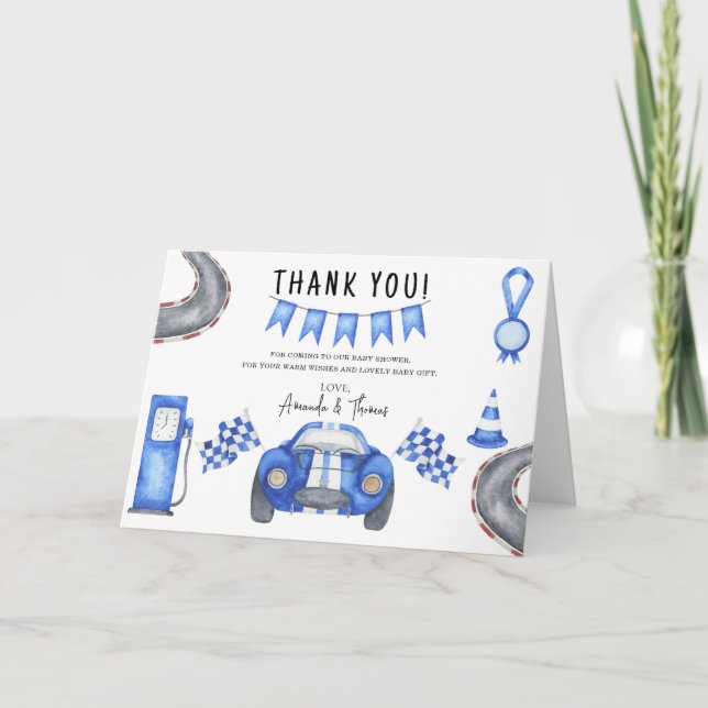 Tarjeta De Agradecimiento Race car car Baby Shower - gracias (Anverso)