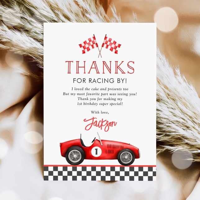 Tarjeta De Agradecimiento Race Car Red Carreras Boy Primer Cumpleaños (Subido por el creador)
