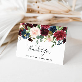 Tarjeta De Agradecimiento Radiant Bloom | Floral Acuarela Burgundy y Navy