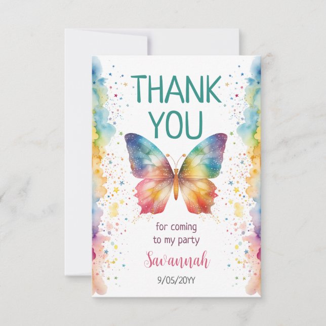 Tarjeta De Agradecimiento Rainbow Butterfly 1st Birthday (Anverso)
