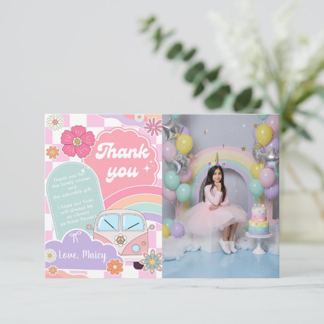 Tarjeta De Agradecimiento Rainbow Daisy Car (Anverso de pie)