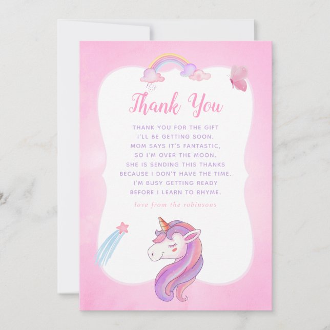 Tarjeta De Agradecimiento Rainbow Unicorn Baby Shower (Anverso)