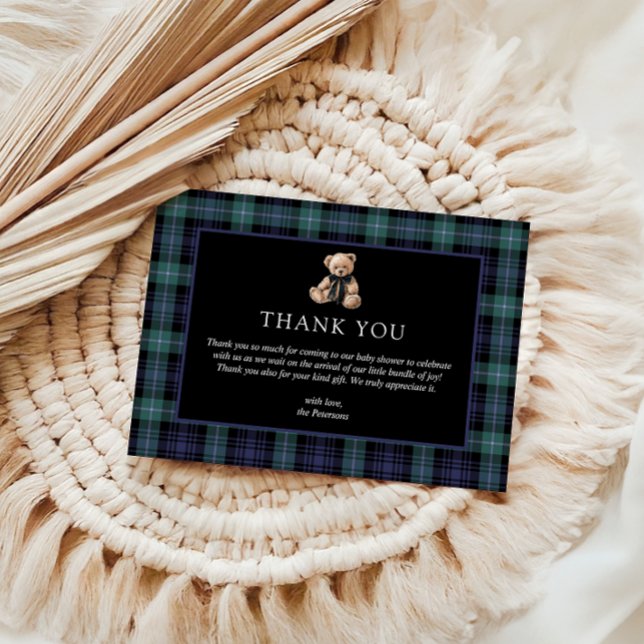 Tarjeta De Agradecimiento Ralph Teddy Bear Navy Green Plaid Baby Shower (Baby shower thank you card ralph teddy bear plaid tartan)