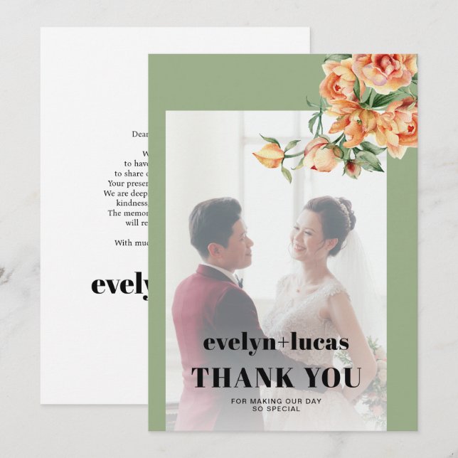 Tarjeta De Agradecimiento Rama, rosas de melocotón, flores blancas foto boda (Anverso / Reverso)