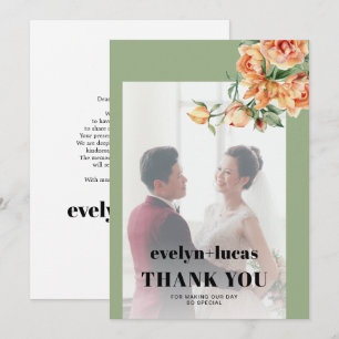 Tarjeta De Agradecimiento Rama, rosas de melocotón, flores blancas foto boda