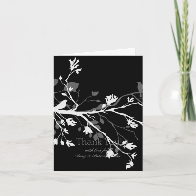 Tarjeta De Agradecimiento Ramas negras de pájaro blanco gracias (Anverso)