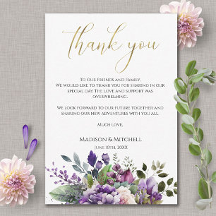 Tarjeta De Agradecimiento Ramo de acuarela violeta púrpura con guión dorado