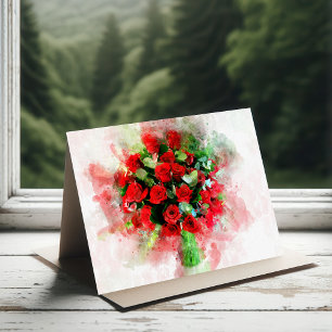 Tarjeta De Agradecimiento Ramo de Rosas Rojas Acuarela sobre Fondo Blanco