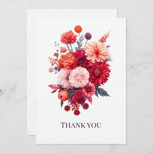 Tarjeta De Agradecimiento Ramo Floral Coral Brillante y Fucsia (Anverso / Reverso)