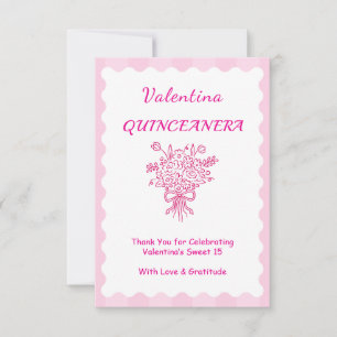 Tarjeta De Agradecimiento Ramo Floral Elegante de Quinceañera   Rosa y Blanc