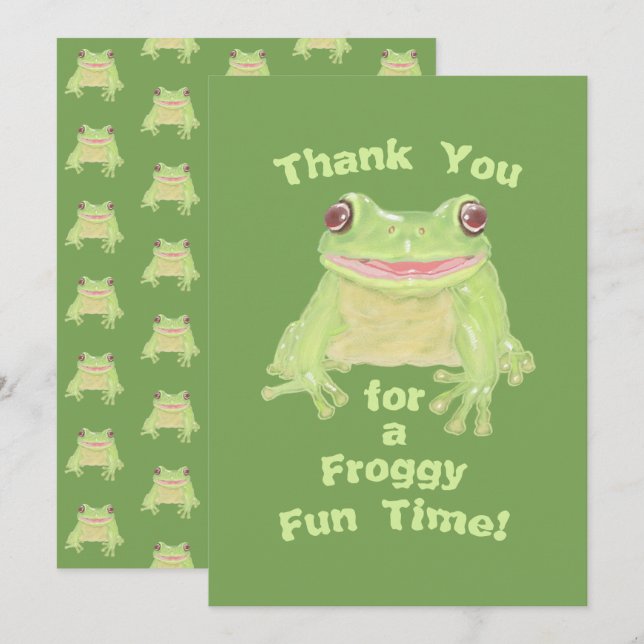 Tarjeta De Agradecimiento Rana Verde Bonita - fiesta de cumpleaños para niño (Anverso / Reverso)