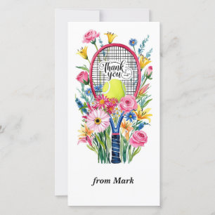 Tarjeta De Agradecimiento Raqueta de tenis con bola y flores acuarela