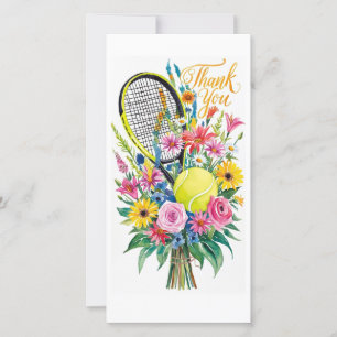Tarjeta De Agradecimiento Raqueta de tenis con bola y flores acuarela