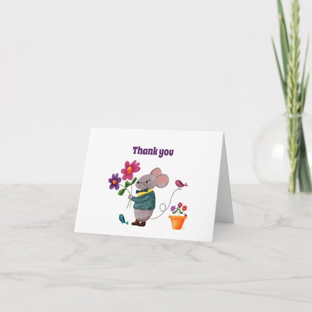 Tarjeta De Agradecimiento Ratón pequeño con flores (Anverso)