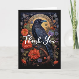 Tarjeta De Agradecimiento Raven negro con flores de diseño gótico