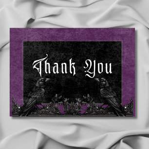 Tarjeta De Agradecimiento Raven negro gótico y Rosas Boda púrpura
