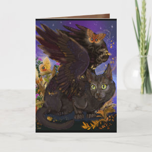 Tarjeta De Agradecimiento Raven Winged Autumn Magic Cat