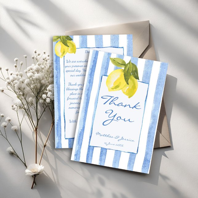 Tarjeta De Agradecimiento Rayas azules caseras limones boda italiano (Handrawn blue stripes lemons modern retro funky Italian wedding Thank You Cards)