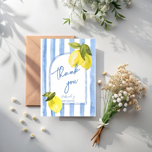 Tarjeta De Agradecimiento Rayas azules caseras limones de bebé ducha (Ciao bambino Handrawn blue stripes lemons Italian baby shower thank you cards)