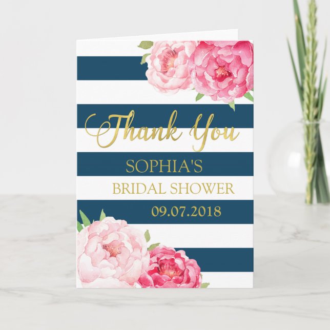 Tarjeta De Agradecimiento Rayas azules Floral rosa ducha de novia gracias (Anverso)