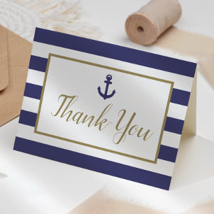 Tarjeta De Agradecimiento Rayas Azules Marinas Náuticas Ancla Escritura Dora