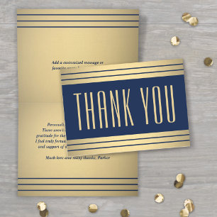 Tarjeta De Agradecimiento Rayas clásicas elegantes azul marino y dorado dobl