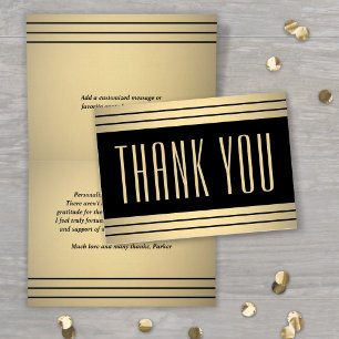 Tarjeta De Agradecimiento Rayas clásicas elegantes Chic negro y dorado dobla