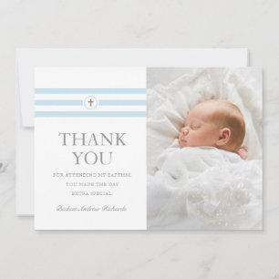 Tarjeta De Agradecimiento Rayas Clásicas Foto Azul Bautizo