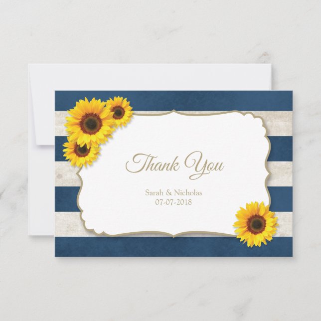 Tarjeta De Agradecimiento Rayas de girasol Boda de verano ruso azul (Anverso)