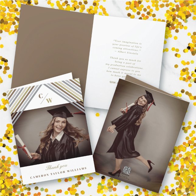 Tarjeta De Agradecimiento Rayas diagonales marrones Foto graduación moderna (Brown Diagonal Stripes Monogram, Photo Modern Graduation Thank You Card @ zazzle.com/color_therapy)