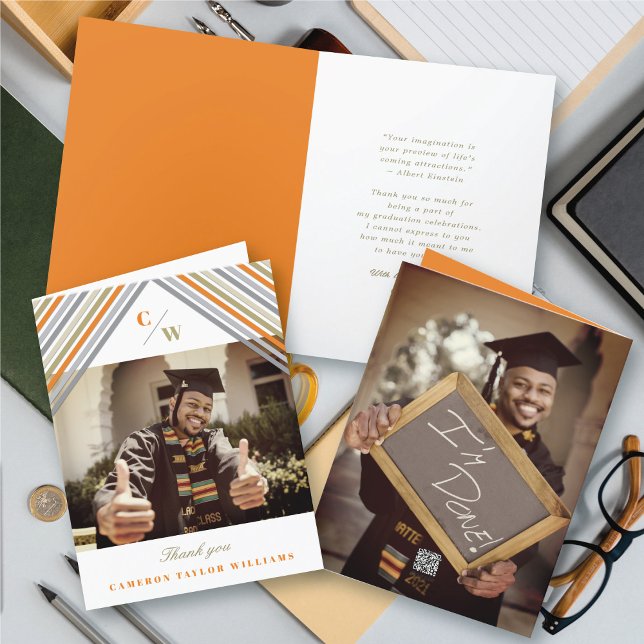 Tarjeta De Agradecimiento Rayas diagonales naranjas Foto Graduación moderna (Orange Diagonal Stripes Monogram, Photo Modern Graduation Thank You Card @ zazzle.com/color_therapy)