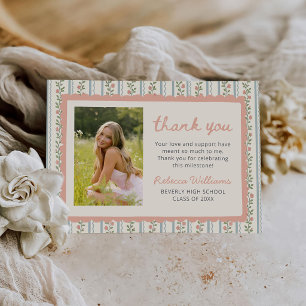Tarjeta De Agradecimiento Rayas Florales Vintage Retro Foto de Graduación