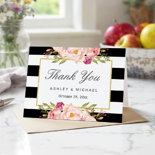 Tarjeta De Agradecimiento Rayas Negras Blancas Modernas Floral Clásico Graci