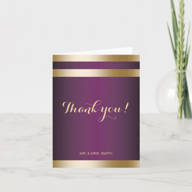 Tarjeta De Agradecimiento Rayas Relieve metalizado dorado Elegante Boda Púrp (Anverso)