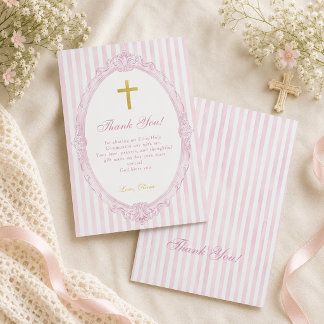 Tarjeta De Agradecimiento Rayas Rosadas Bautizo de Niña Elegante Vintage