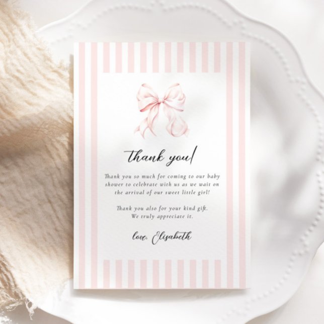 Tarjeta De Agradecimiento Rayas rosadas Bow Baby Shower (Subido por el creador)