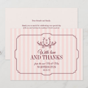 Tarjeta De Agradecimiento Rayas Rosadas Monograma Vegetación Boda Borgoña