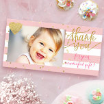 Tarjeta De Agradecimiento rayas rosas y puntos dorados gracias<br><div class="desc">tarjeta fotográfica de agradecimiento</div>
