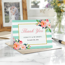 Tarjeta De Agradecimiento Rayas verdes menta modernas elegantes flores Graci