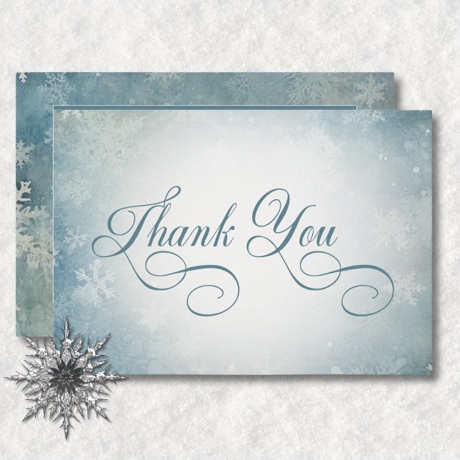 Tarjeta De Agradecimiento Recepción de Boda Blanca Azul de Nieve Romántica C (Romantic Falling Snow Blue White Wedding Reception Thank You Card)