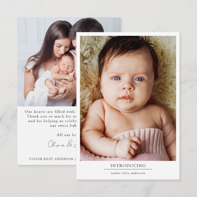 Tarjeta De Agradecimiento Recién nacido de Estadísticas de Nacimiento Fotogr (Anverso / Reverso)