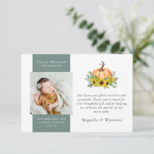 Tarjeta De Agradecimiento Recién nacido Gracias   Fall Pumpkin Sunflower