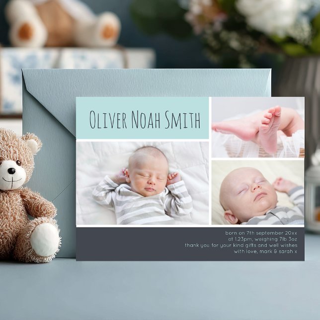 Tarjeta De Agradecimiento Recién nacido niño invitación/carta de agradecimie (Capture every sweet detail 💙 A modern photo collage birth announcement to celebrate your little one)